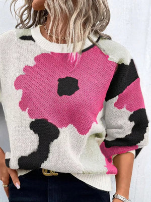 Abstract floral knit sweater with round neck in hot pink & black and white.
