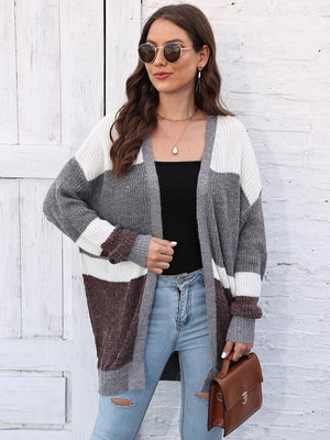 Colorblock knit open cardigan in dark gray, white, and brown with a relaxed fit.