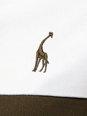 White polo shirt with brown giraffe embroidery and olive green stripe detail.