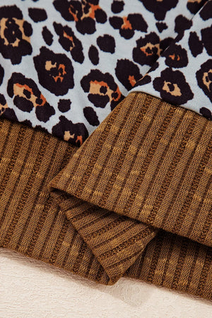 Leopard Floral Print Ribbed Puff Sleeve Sweatshirt in Brown, product detail
