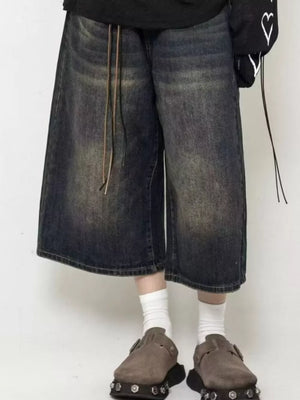 Men's Wide Leg Washed Denim Capris Plus Size in Dark, front view