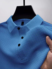Blue textured weave polo shirt with maxi collar and black buttons