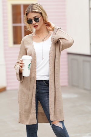 Textured open-front maxi knit cardigan in Dust Storm acrylic with ribbed cuffs and hem.