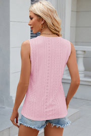Blush pink scalloped eyelet V-neck sleeveless top with a casual fit.