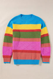Rainbow stripe knit crewneck sweater with diamond pattern detail in acrylic.