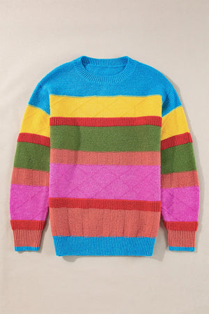 Rainbow stripe knit crewneck sweater with diamond pattern detail in acrylic.