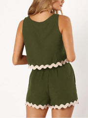 Army green outfit set with scalloped trim on crop top and shorts.
