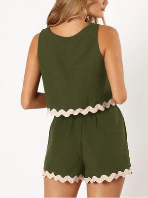 Army green outfit set with scalloped trim on crop top and shorts.
