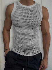 Gray open-knit tank top with ribbed trim and a sheer, breathable texture.