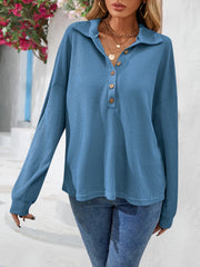 Dusty Blue waffle knit henley blouse with collar and button detail