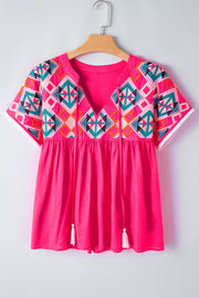 Strawberry embroidered yoke tie-neckline blouse with short sleeves and tassel details.