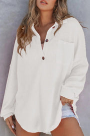 White waffle knit henley shirt with pocket and button detail