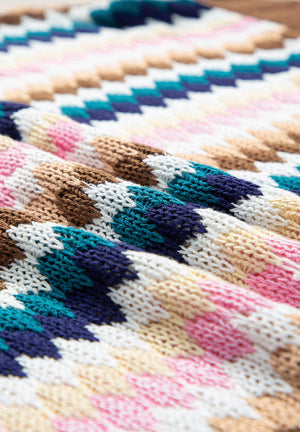 Textured knit sweater with a colorful chevron stripe pattern and contrast trim detail.