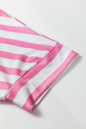 Striped V-neck t-shirt in blush pink and white cotton blend with elastane.