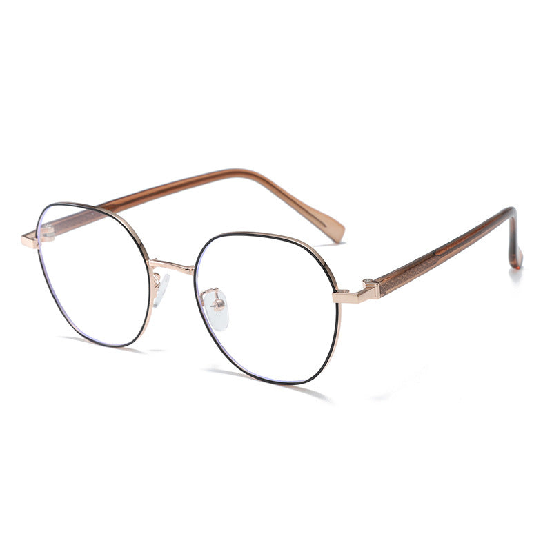Round metal frame glasses with clear lenses and brown temples.
