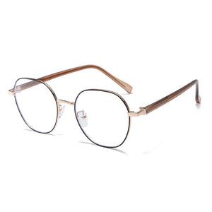 Round metal frame glasses with clear lenses and brown temples.