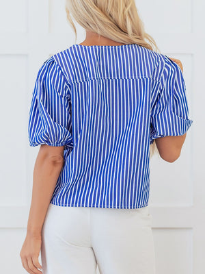 Blue striped puff sleeve blouse with tie-front detail