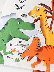 Toddler cotton two-piece set with a dinosaur adventure print featuring green, yellow, and orange dinosaurs.