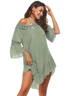 Sage lace-trimmed cover-up with crochet neckline and bell sleeves