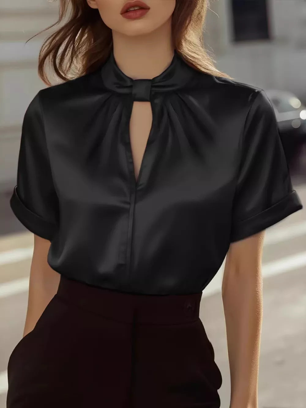 Black satin blouse with keyhole neckline and short sleeves