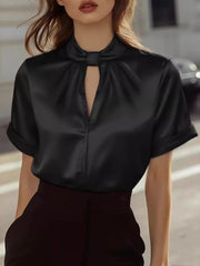 Black satin blouse with keyhole neckline and short sleeves