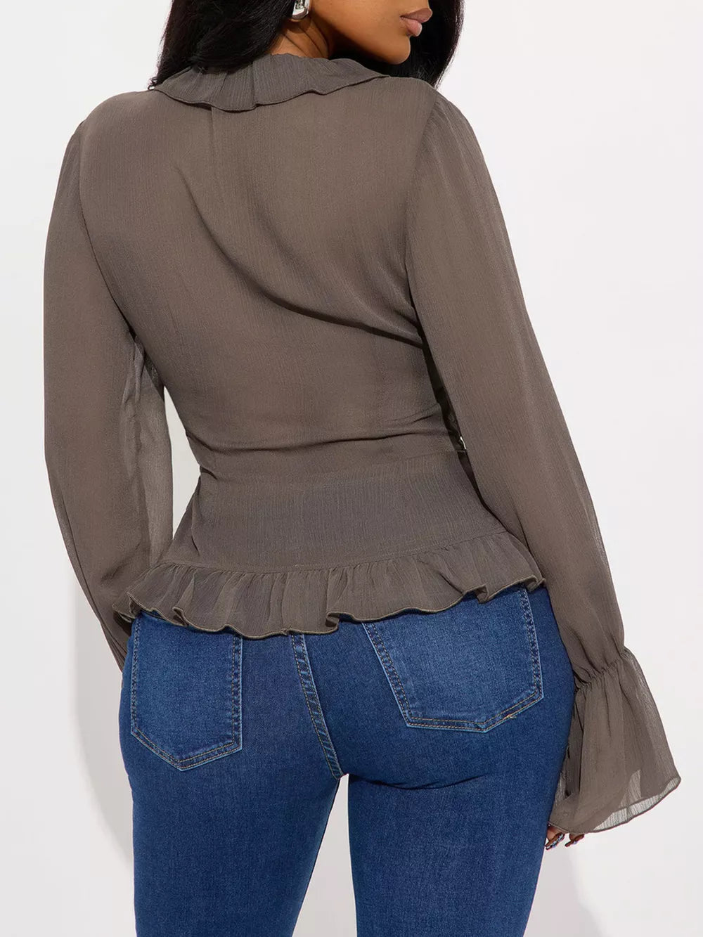 Ruffled V-neck Long Sleeve Blouse in Brown, back view
