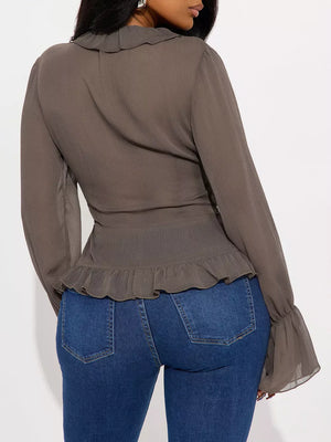 Ruffled V-neck Long Sleeve Blouse in Brown, back view