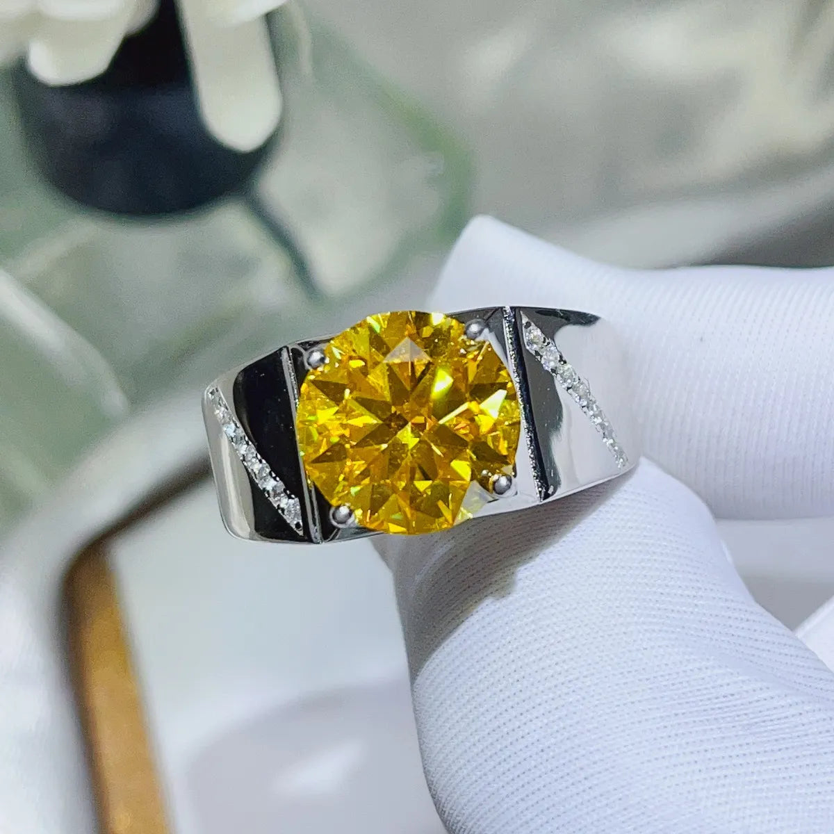 Radiant yellow moissanite and silver band ring with small accent stones