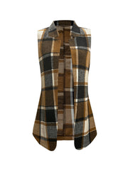 Tonal plaid tailored sleeveless blazer in camel with a notched lapel.