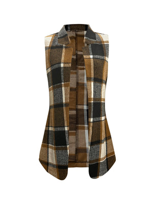 Tonal plaid tailored sleeveless blazer in camel with a notched lapel.