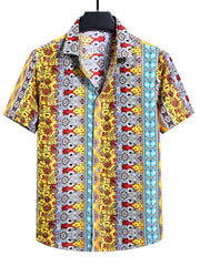 Men's yellow cotton short sleeve button-up shirt with a colorful ethnic print.
