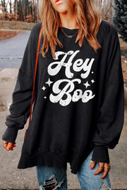Black graphic oversized sweatshirt with "Hey Boo" text and stars.
