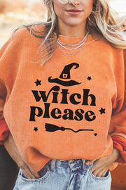 Corded orange sweatshirt with Witch Please graphic, witch hat, broom, and stars.