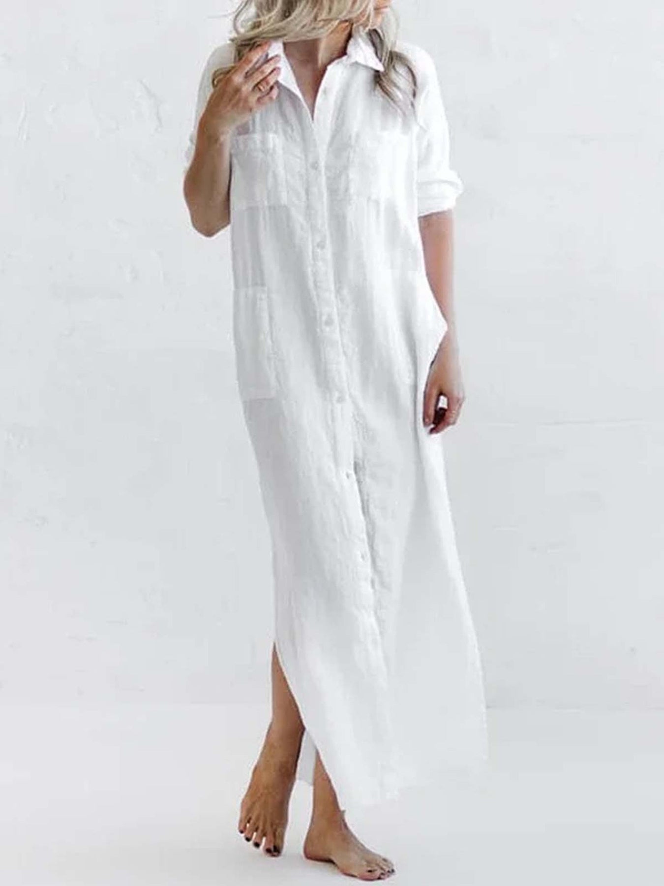 Full Size Casual Button-down Maxi Shirt Dress in White, back view