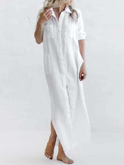 Full Size Casual Button-down Maxi Shirt Dress in White, back view