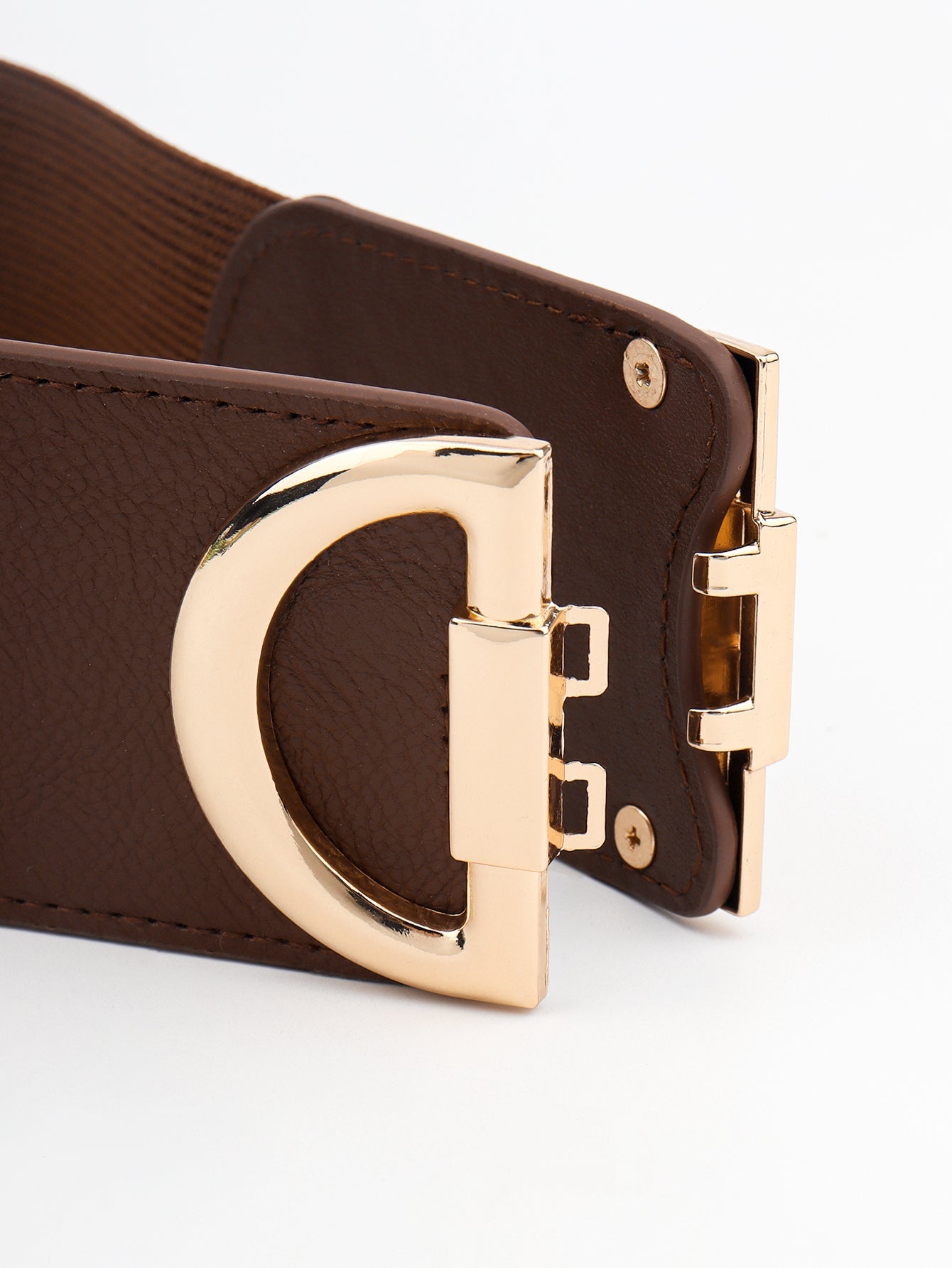 Brown elastic belt with double D gold buckle and gold hardware detail