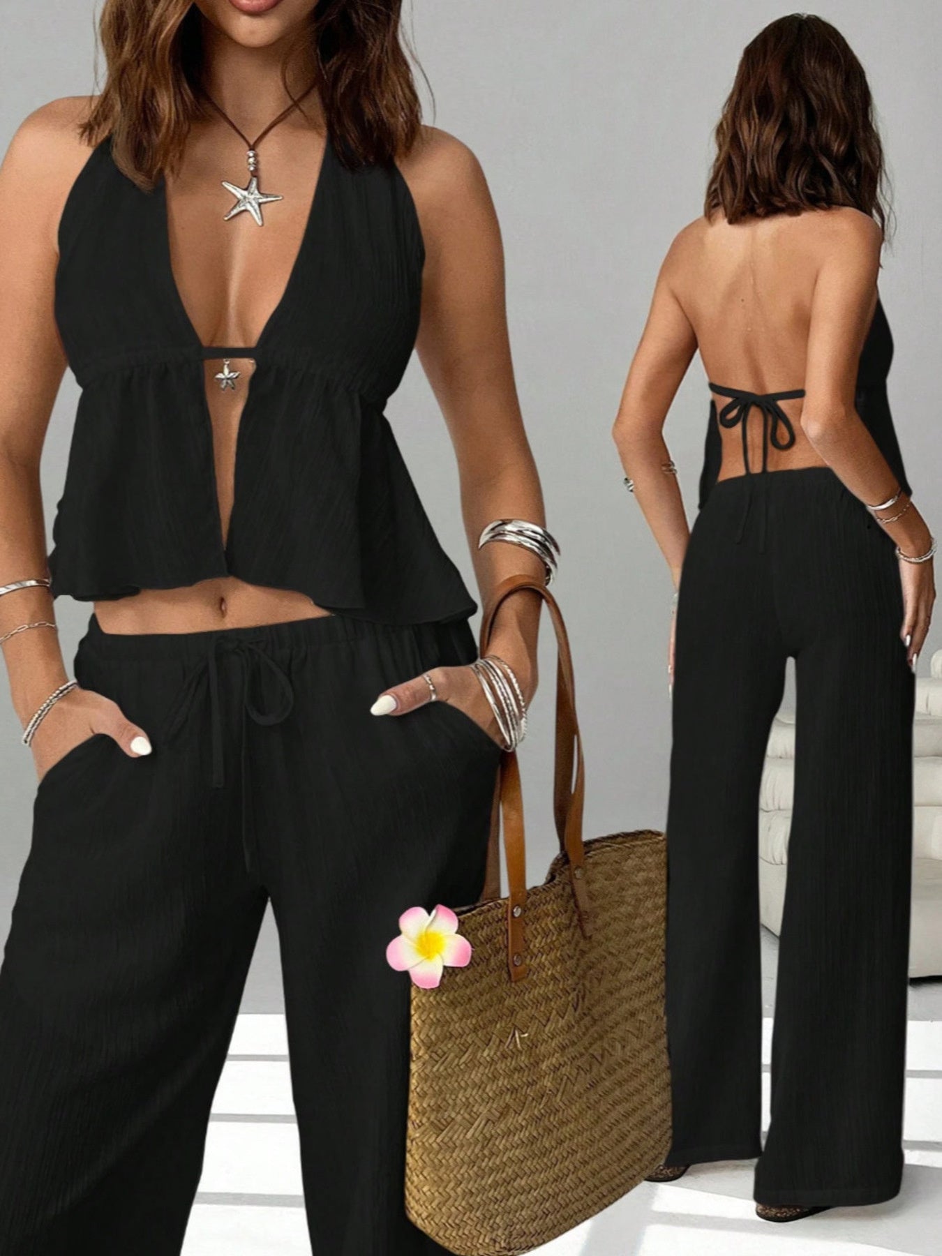 Black halter neck cami and drawstring relaxed pants set with a deep V-neck and tie back.