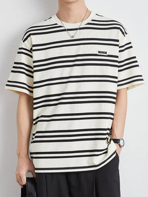 Men's striped cotton crew neck tee in apricot with black horizontal stripes.