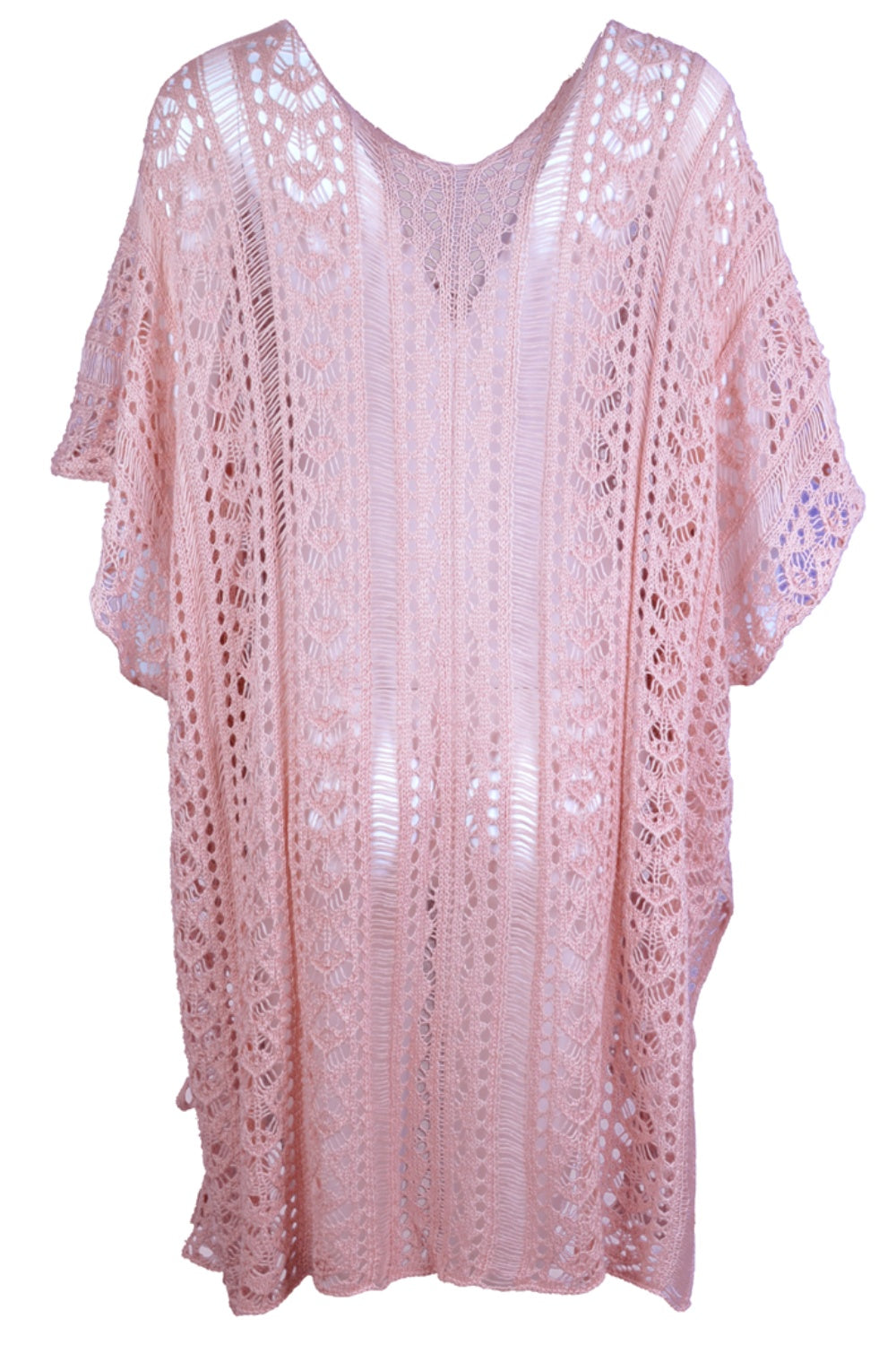 Dusty Pink open-knit V-neck beach cover-up with short sleeves and a relaxed fit.