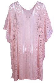 Dusty Pink open-knit V-neck beach cover-up with short sleeves and a relaxed fit.