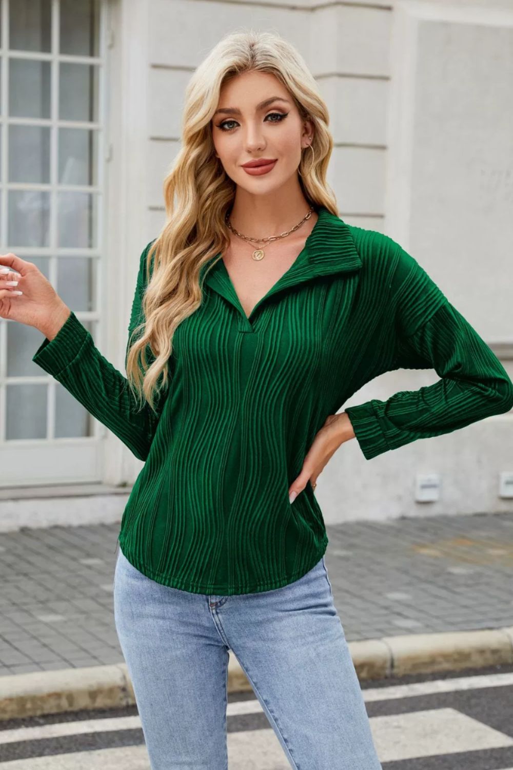 Dark Green pleated wave-effect collared blouse with long sleeves.