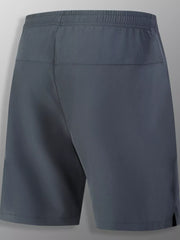 Grey men's athletic jogger shorts with elastic waistband and quick-dry fabric.