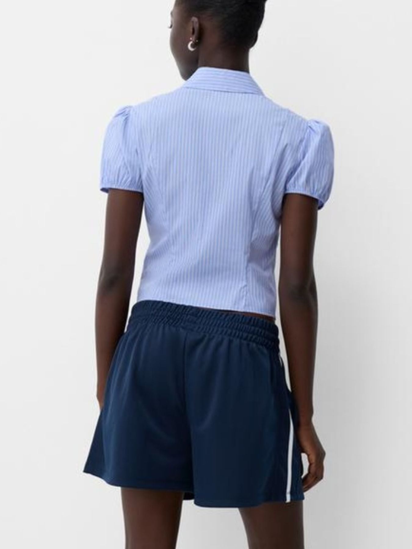 Light blue striped maternity shirt with puff sleeves and gathered waist