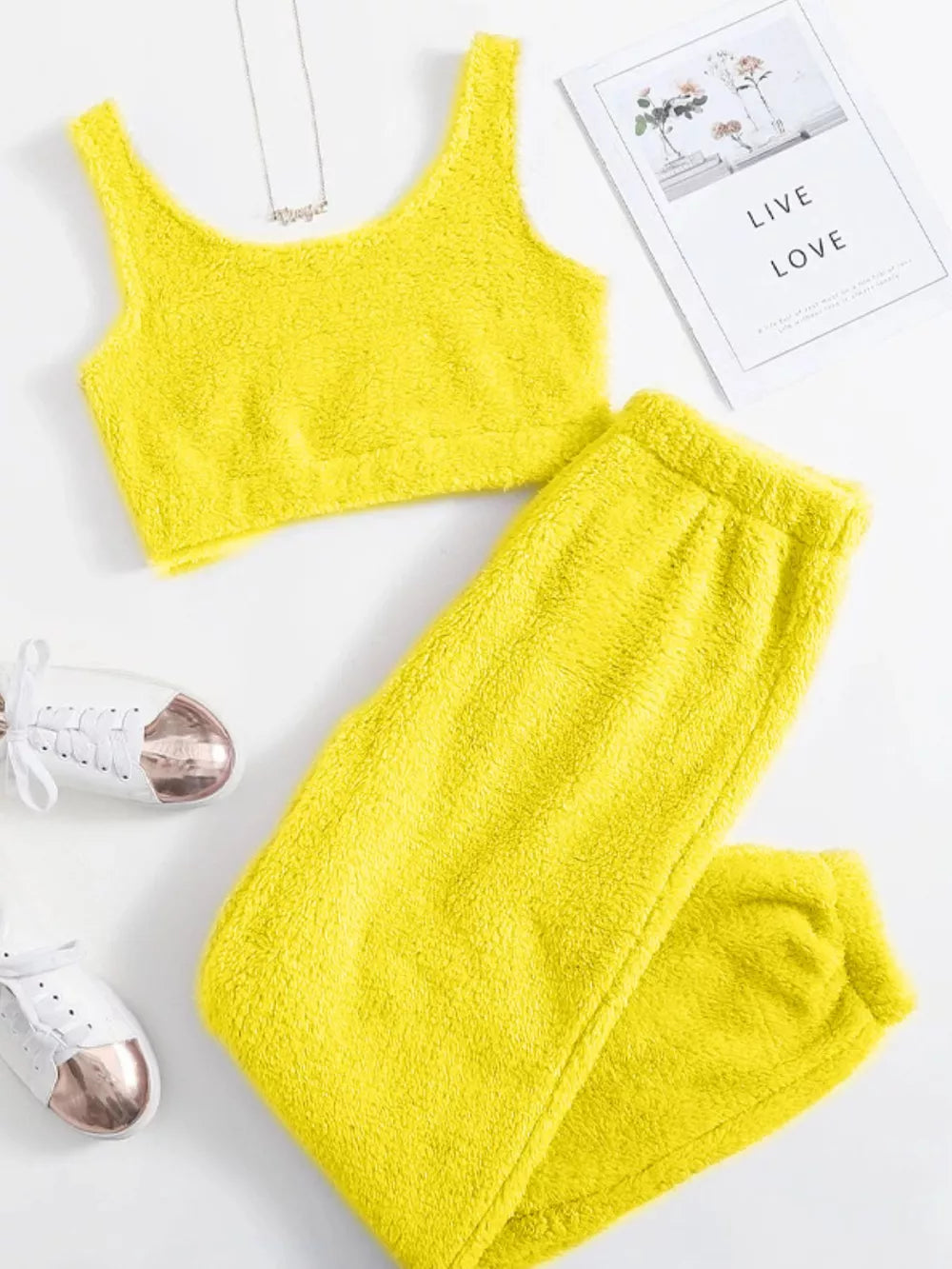 Cozy Plush Cropped Tank And Pants Lounge Set in Pink, model styling view