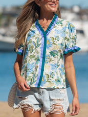 Floral frilled blouse with striped detail, v-neck, short sleeves, cotton fabric