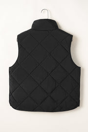 Black quilted stand collar vest with diamond pattern.