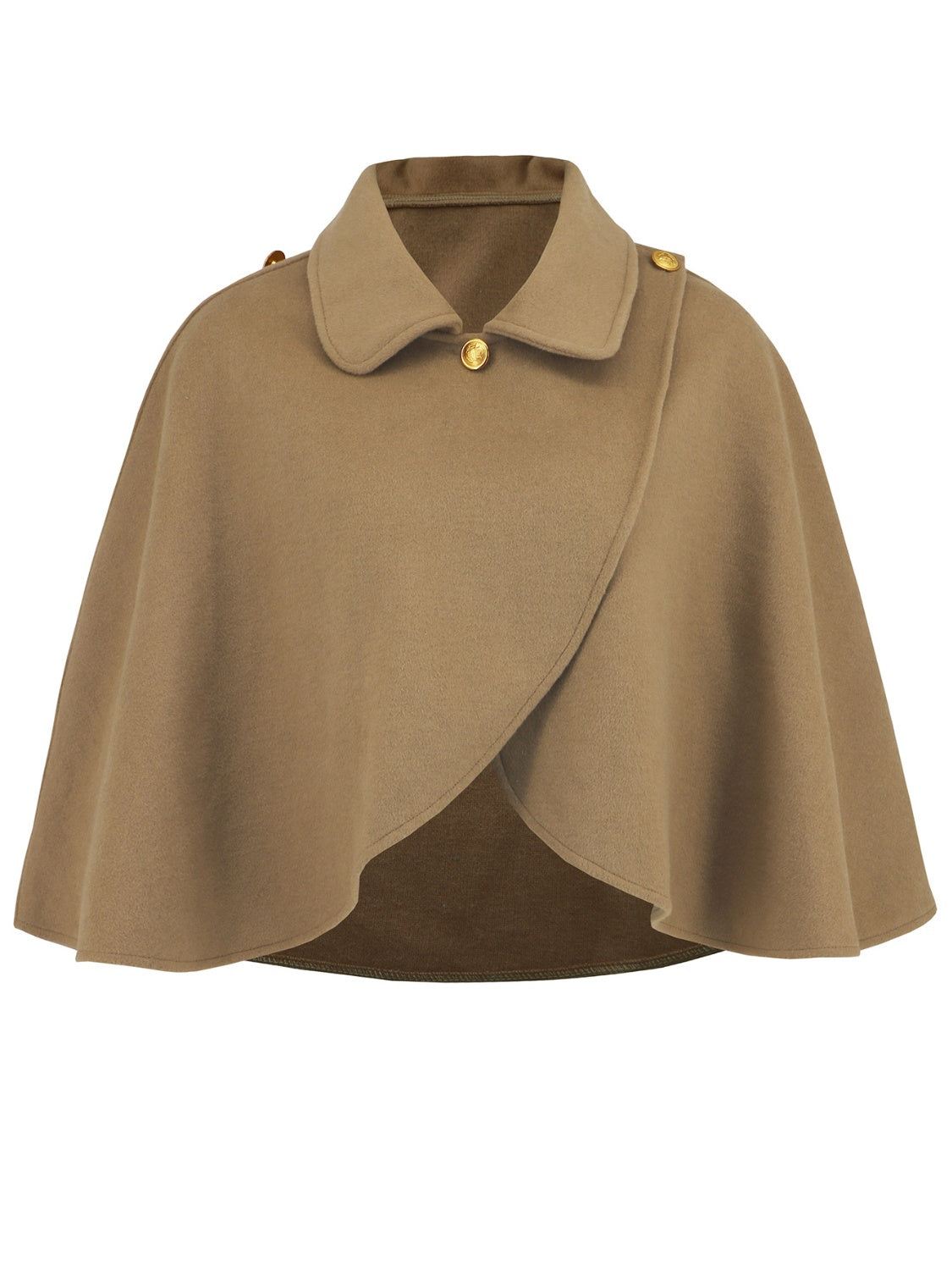 Camel asymmetric button-front cape jacket with a collar and gold button details.