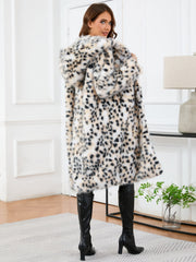 White leopard print faux fur maxi coat with hood, full length, cozy style.