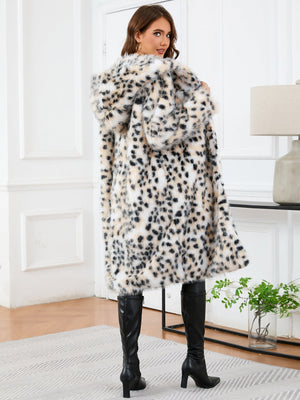 White leopard print faux fur maxi coat with hood, full length, cozy style.