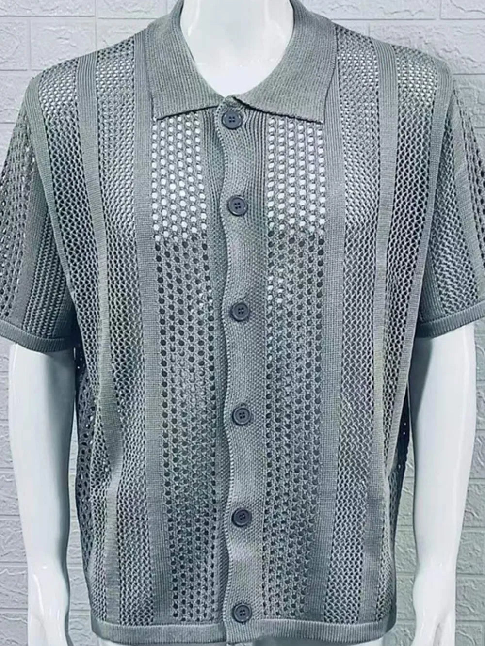 Gray open-knit resort shirt with short sleeves and button front